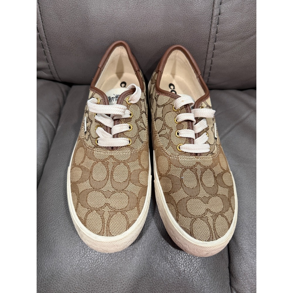 Coach C2705 Signature Canvas Low Top Sneakers Khaki Saddle Brown Womens 8B